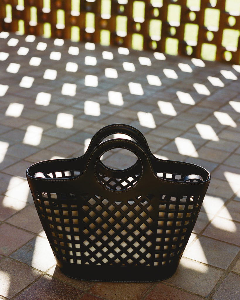 Perforated Leather Ring Handle Basket Bag