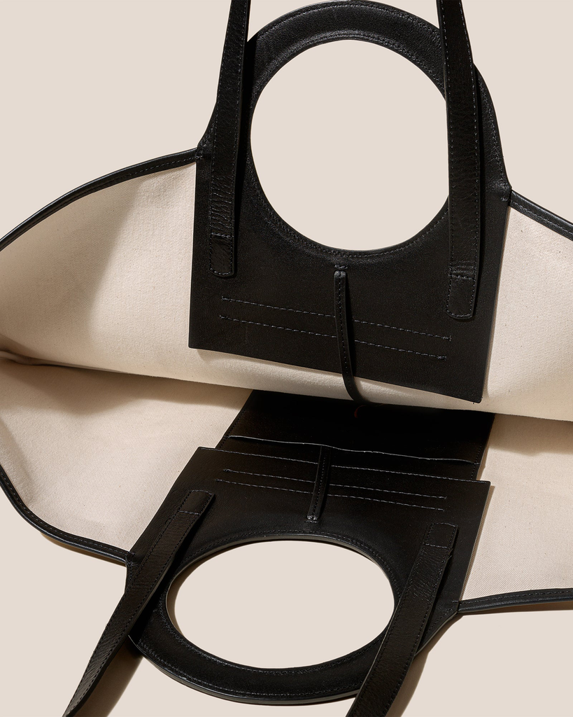 Beige Canvas Black Leather Ring Handle Open Top Tote Bag