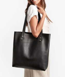 Black Full Grain Leather Everyday Shopper Tote