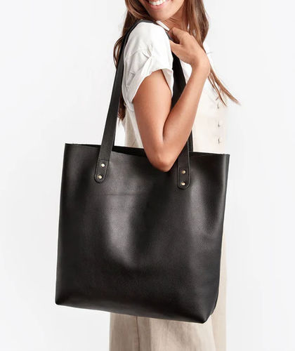 Black Full Grain Leather Everyday Shopper Tote