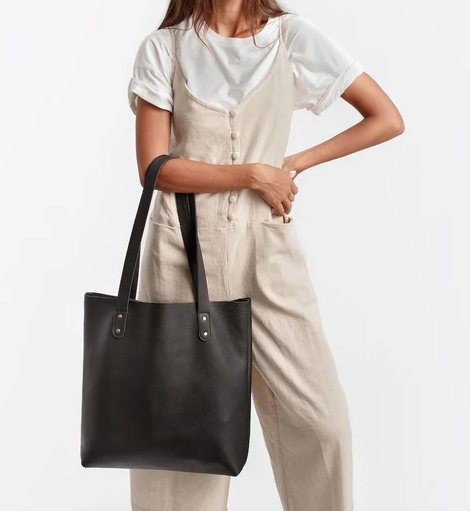 Black Full Grain Leather Everyday Shopper Tote