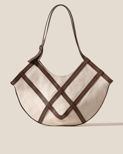 Ivory Canvas & Dark Brown Leather Crisscross Hobo Shoulder Bag
