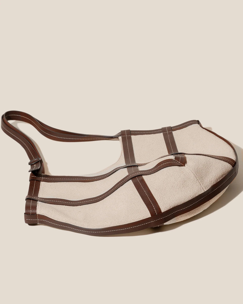 Ivory Canvas & Dark Brown Leather Crisscross Hobo Shoulder Bag