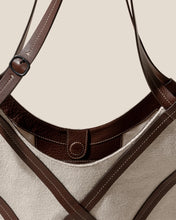 Load image into Gallery viewer, Ivory Canvas &amp; Dark Brown Leather Crisscross Hobo Shoulder Bag