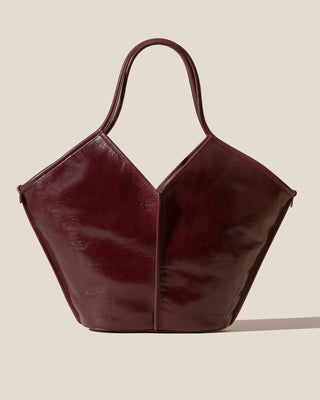 Burgundy V Cut Leather Open Top Tote Bag