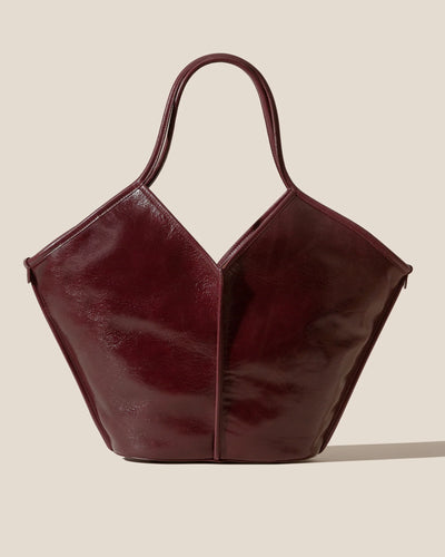 Burgundy V Cut Leather Open Top Tote Bag