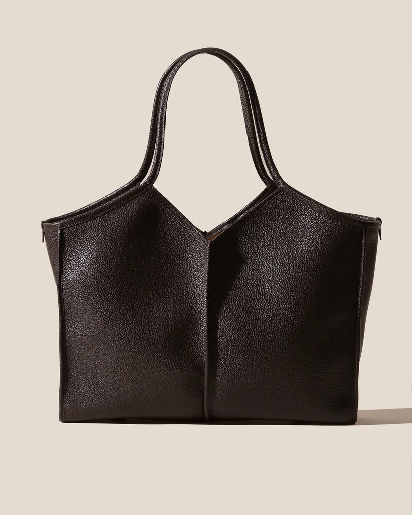 Dark Brown Leather V-Neck Open Top Tote Bag