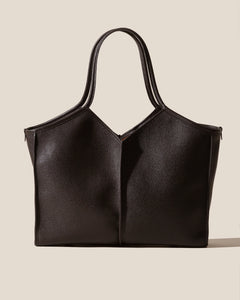 Dark Brown Leather V-Neck Open Top Tote Bag