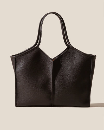 Dark Brown Leather V-Neck Open Top Tote Bag