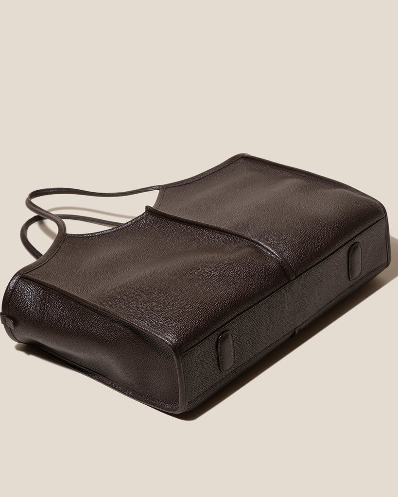 Dark Brown Leather V-Neck Open Top Tote Bag