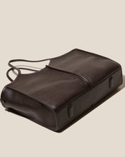 Load image into Gallery viewer, Dark Brown Leather V-Neck Open Top Tote Bag