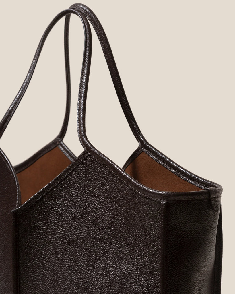 Dark Brown Leather V-Neck Open Top Tote Bag