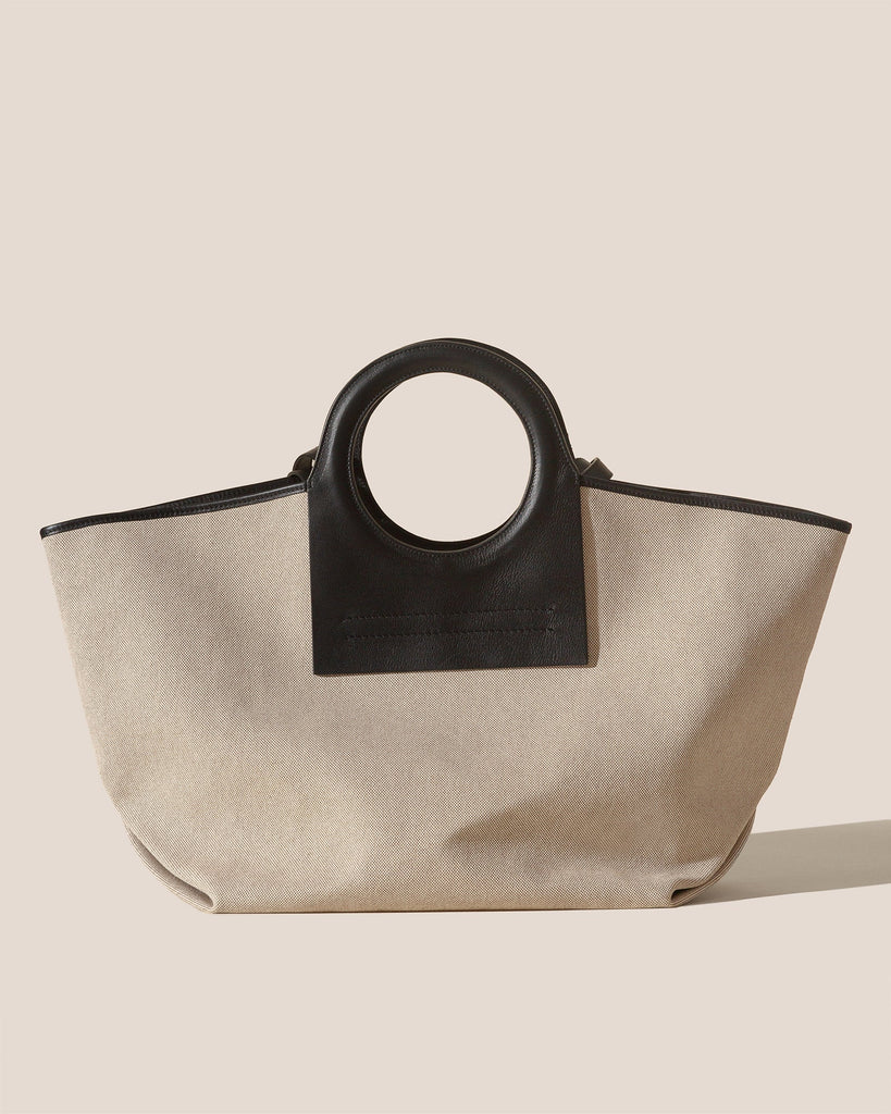 Beige Canvas Black Leather Ring Handle Open Top Tote Bag