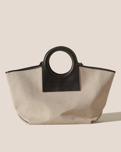 Beige Canvas Black Leather Ring Handle Open Top Tote Bag
