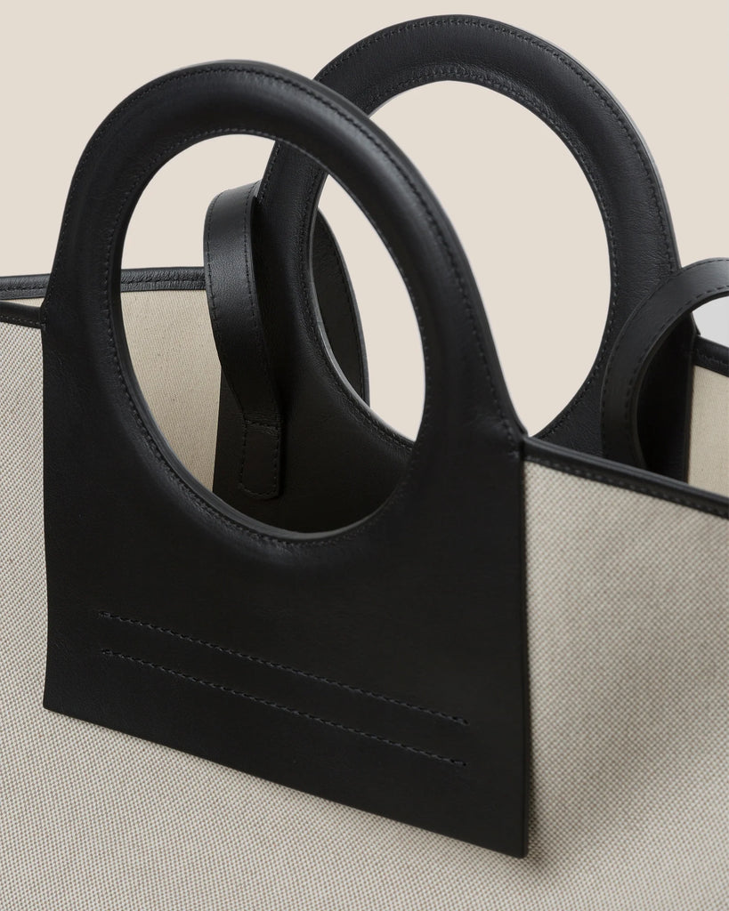 Beige Canvas Black Leather Ring Handle Open Top Tote Bag