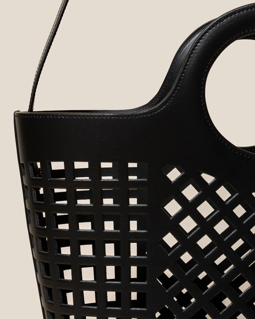 Perforated Leather Ring Handle Basket Bag