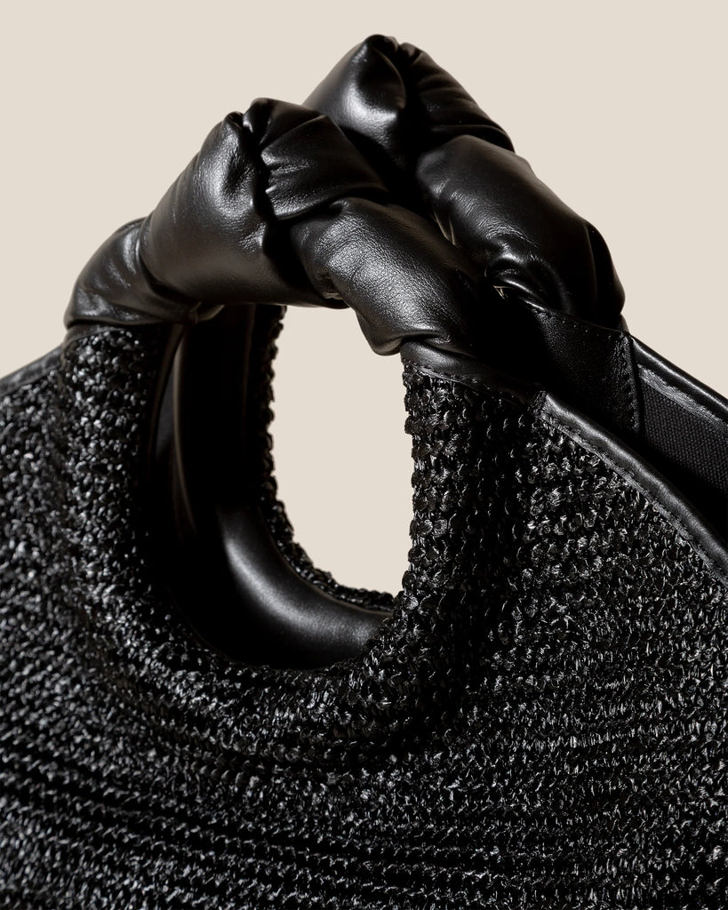 Black Woven Knotted Handle Tote Bag