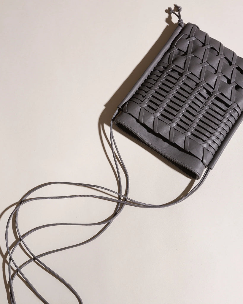 Grey Hand Woven Leather Mini Crossbody Bag