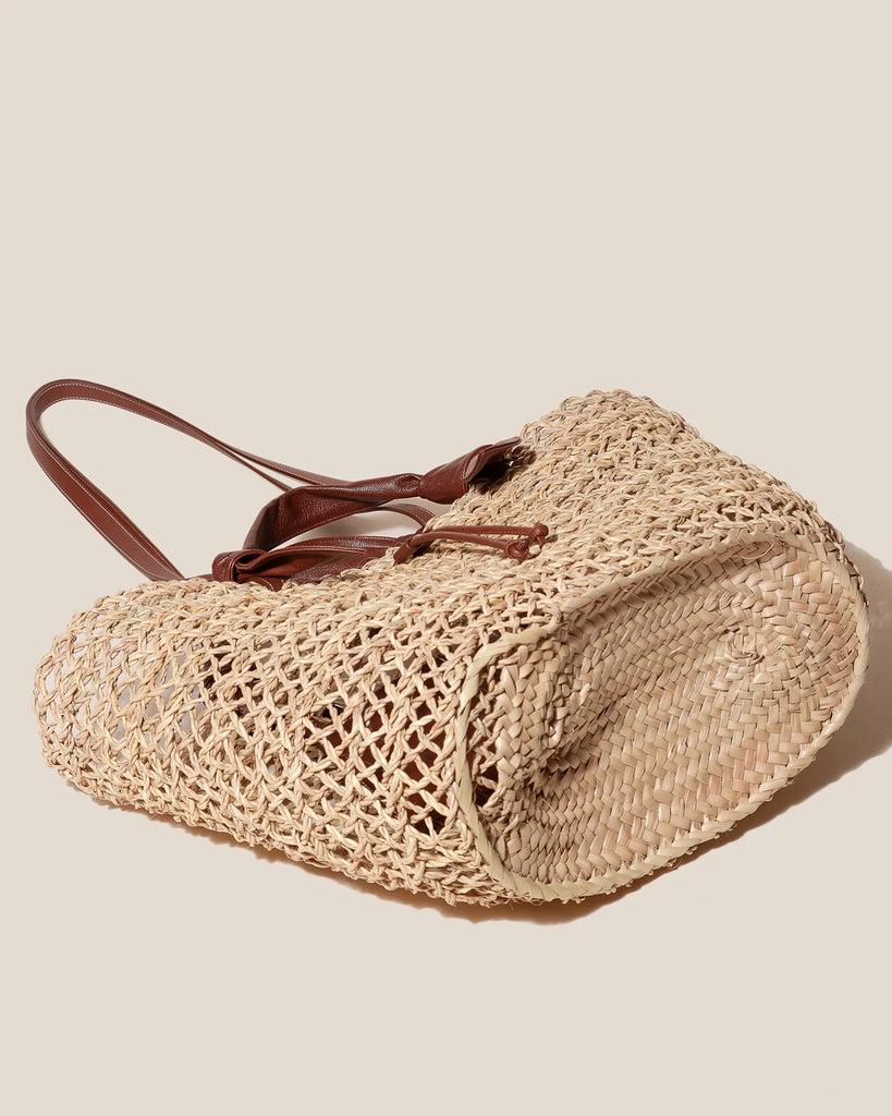 Woven Straw Leather Handle Basket Bag