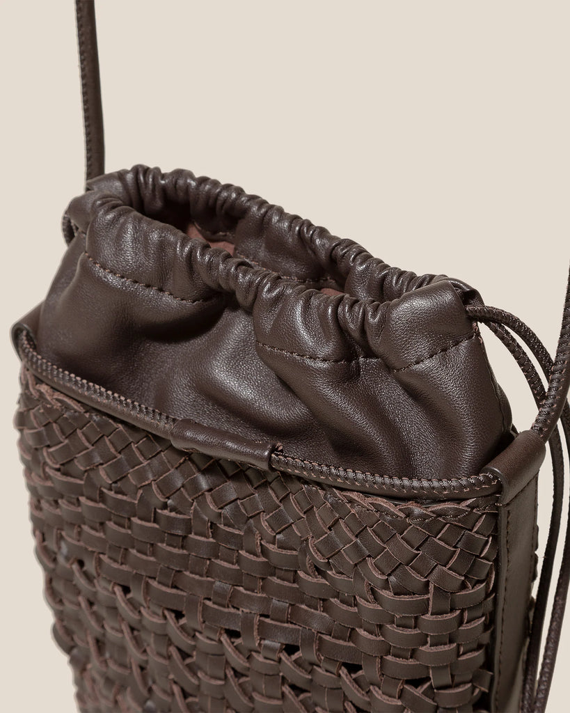Woven Leather Drawstring Mini Crossbody Bag