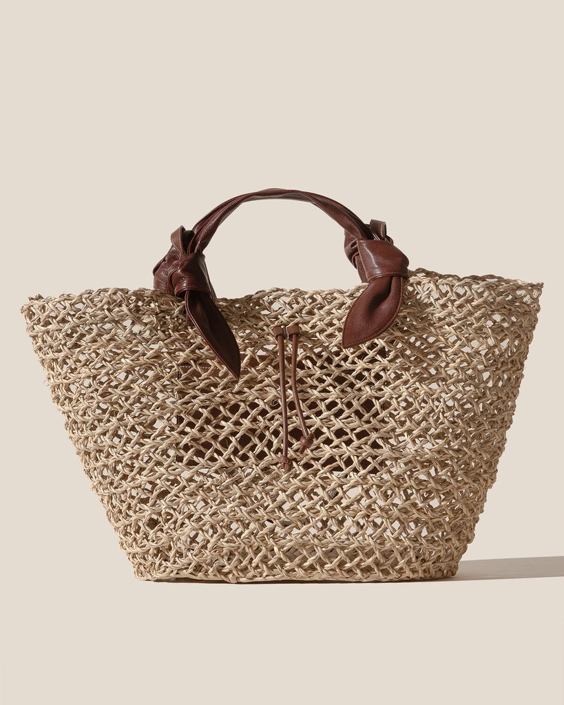 Woven Straw Leather Handle Basket Bag