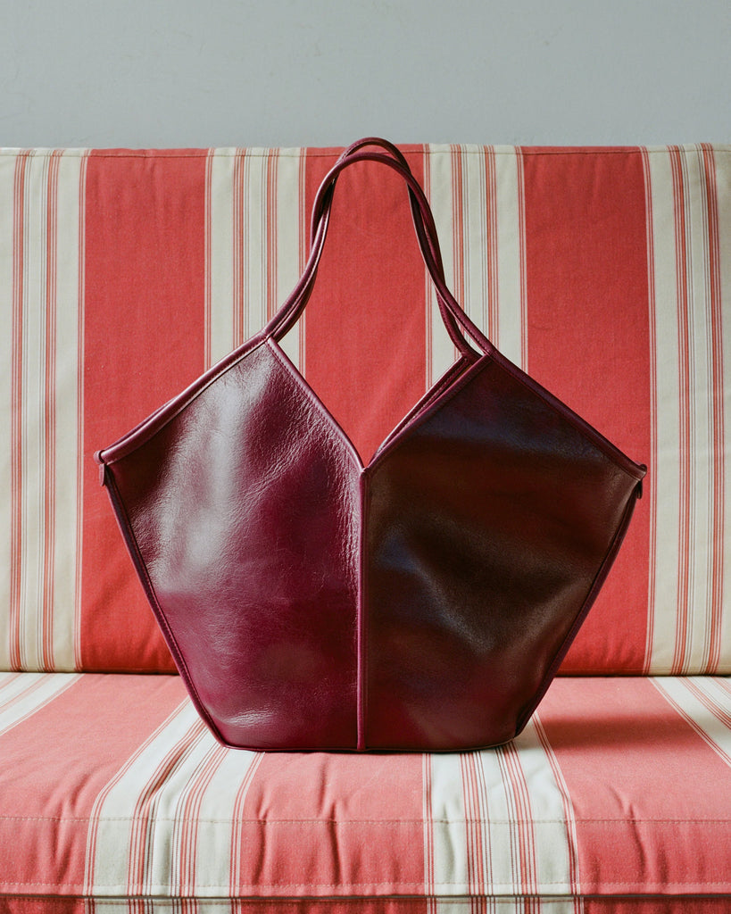 Burgundy V Cut Leather Open Top Tote Bag