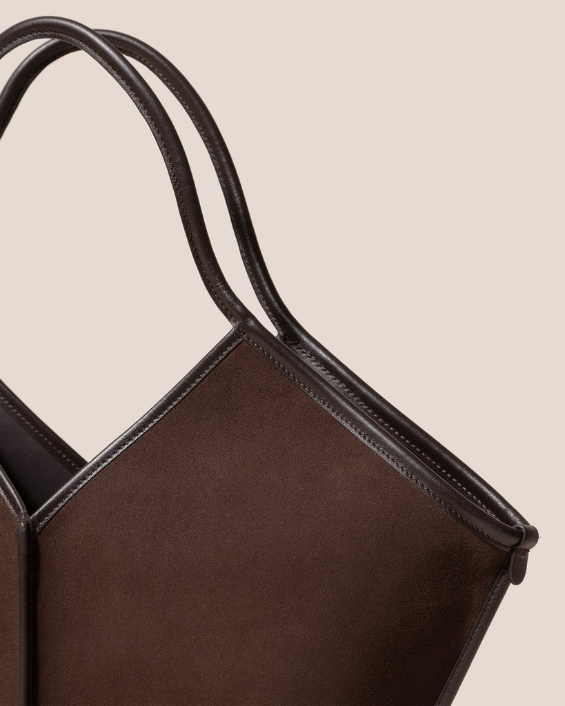 Dark Brown Calf Suede Geometric Open Top Tote Bag