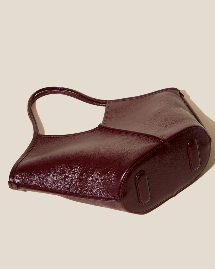 Burgundy V Cut Leather Open Top Tote Bag