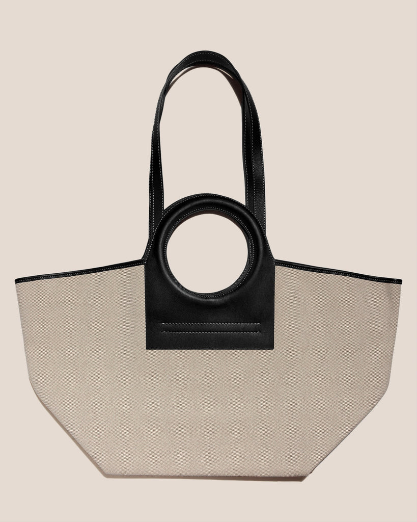 Beige Canvas Black Leather Ring Handle Open Top Tote Bag