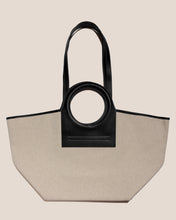 Load image into Gallery viewer, Beige Canvas Black Leather Ring Handle Open Top Tote Bag