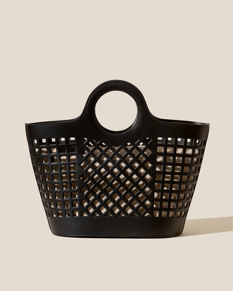 Perforated Leather Ring Handle Basket Bag