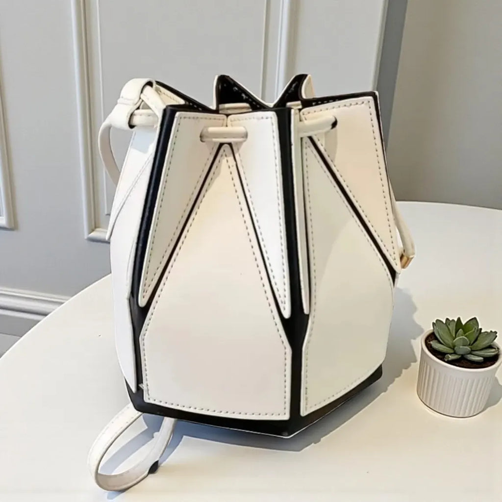 Geometric Patchwork Drawstring Bucket Bag Leather Crossbody Purse