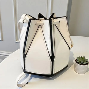 Geometric Patchwork Drawstring Bucket Bag Leather Crossbody Purse