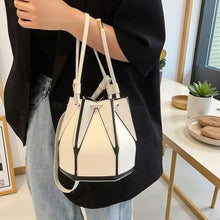 Load image into Gallery viewer, Geometric Patchwork Drawstring Bucket Bag Leather Crossbody Purse